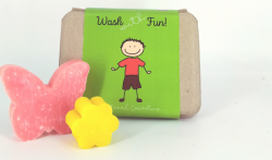 Wash with Fun gift box soap in the shape of a butterfly and one in the shape of a flower