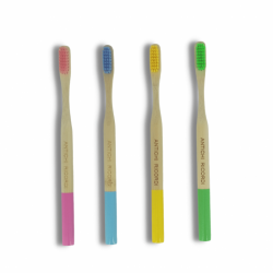 4 Adult Bamboo Toothbrushes Yellow -  Green - Pink - light Blue