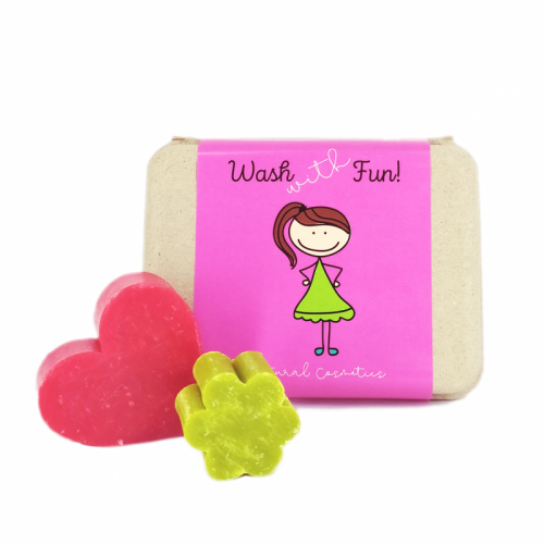 Confezione regalo Wash with Fun saponetta  a forma di cuore e una a forma di fiorellino