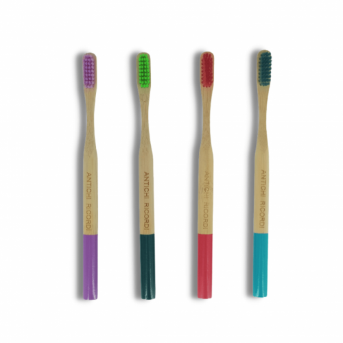 4 Adult Bamboo Toothbrushes Red - Dark Green - Purple - light Blue